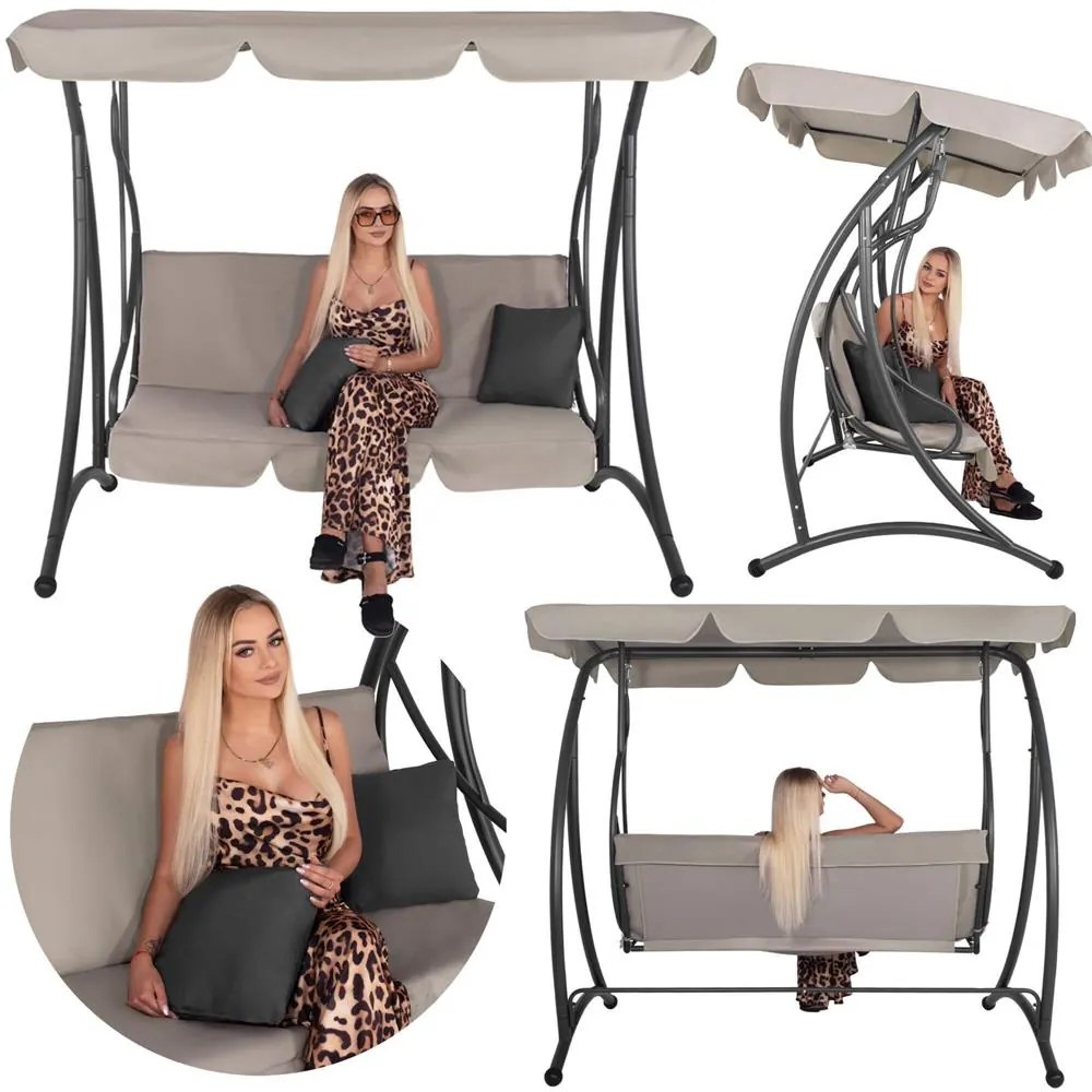 SPRINGOS 3-miestna záhradná hojdačka s nastaviteľnou strieškou, matracom a vankúšmi, béžová GS0031