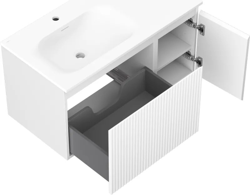 Mexen Rivel, kúpeľňová skrinka 90 cm s umývadlom Vela ľavá, 1S, 1D, drážkovaná, biela matná, 91A23-09047-3-BBFF01-W23L01