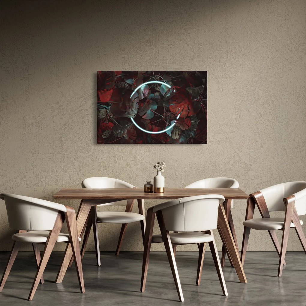 Obraz - Neónový kruh medzi palmami (90x60 cm)