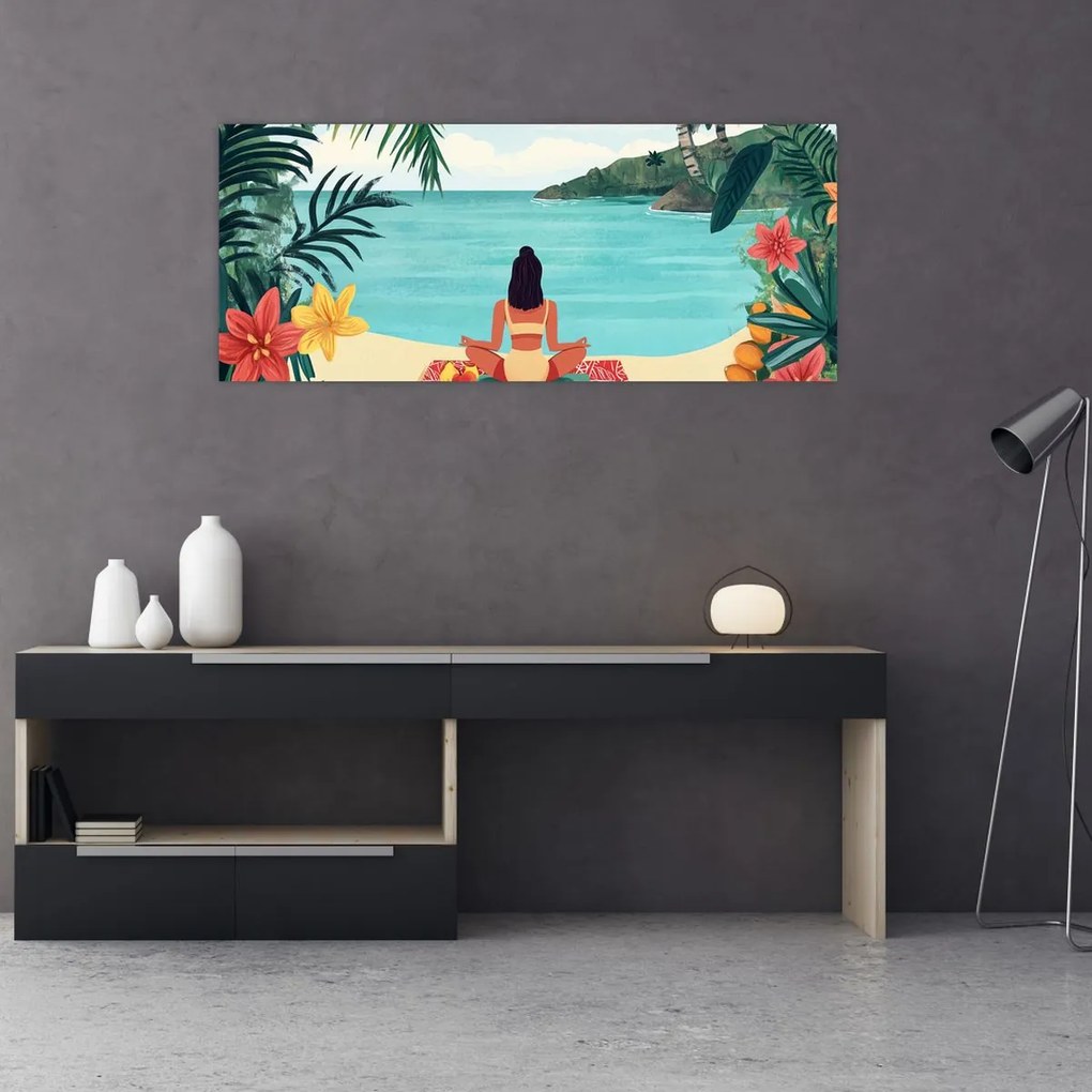Obraz - Jogínka na pláži (120x50 cm)