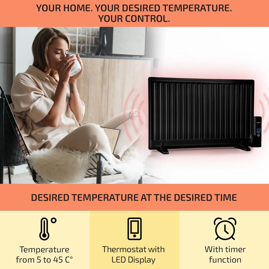 OneConcept Wallander, olejový radiátor, 800 W, termostat, olejové vyhrievanie, ultra plochý dizajn, čierny