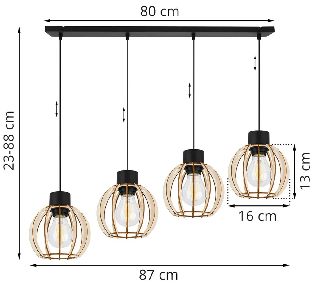 Závesné svietidlo Timber 8, 4x drevené tienidlo