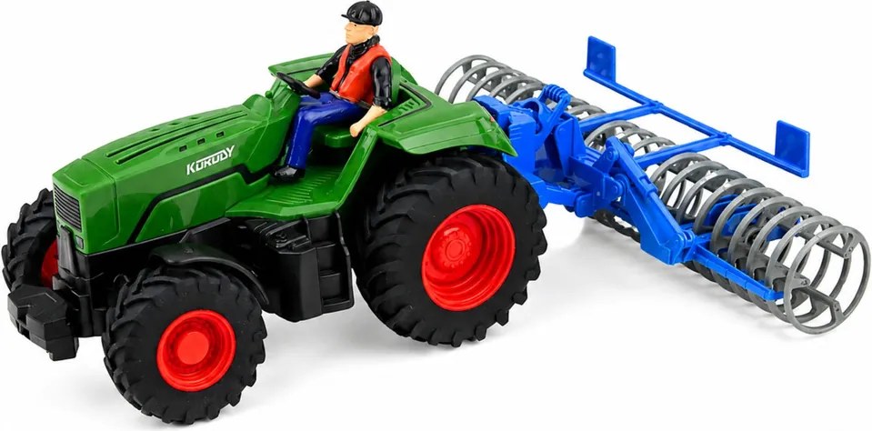 LEAN Toys Traktor s poľnohospodárskym valcom a poľnohospodárom, diaľkovo ovládaný RC, zelený, mierka 1:24