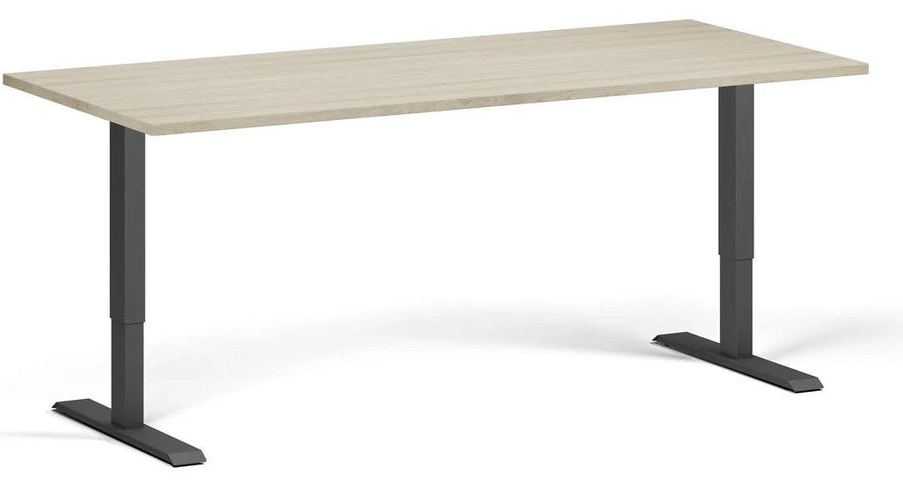 Výškovo nastaviteľný stôl, 180x80 cm, 2 motory, čierna podnož, dub prírodný