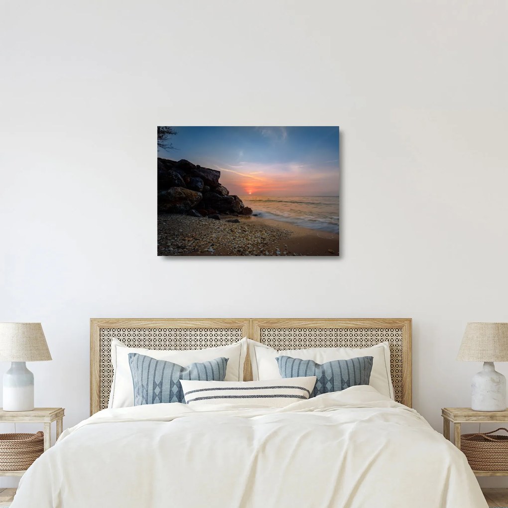 Sklenený obraz západu slnka na pláži (70x50 cm)