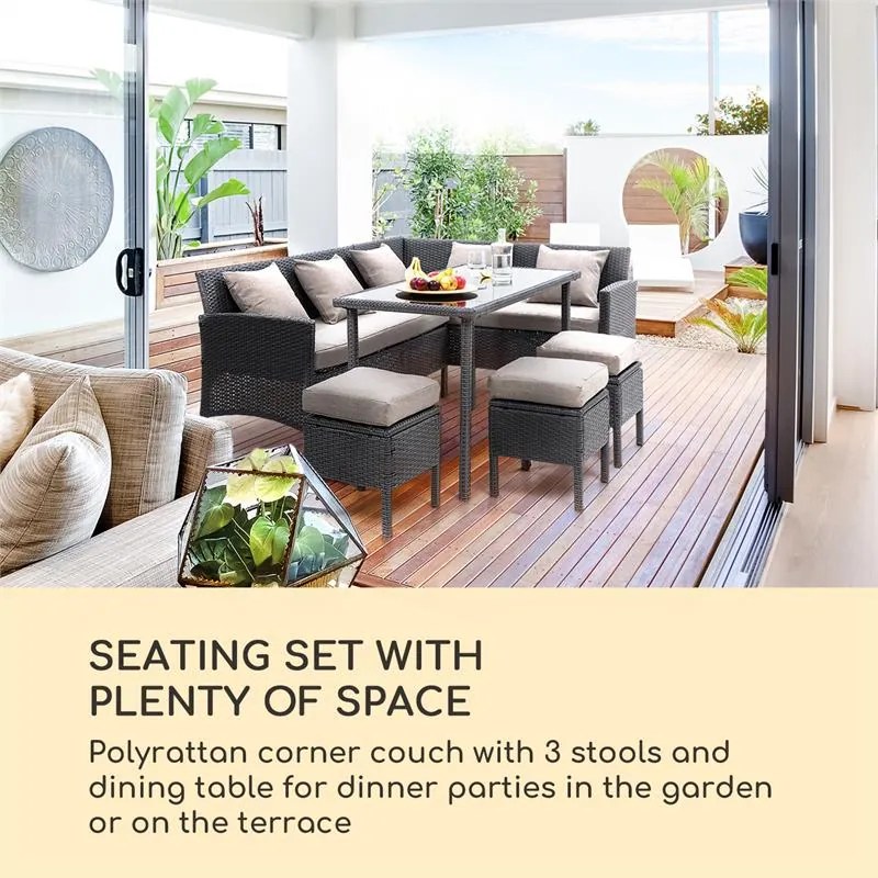 Titania Dining Lounge Set, záhradná sedacia súprava, rohová súprava, stôl, stolčeky, čierna