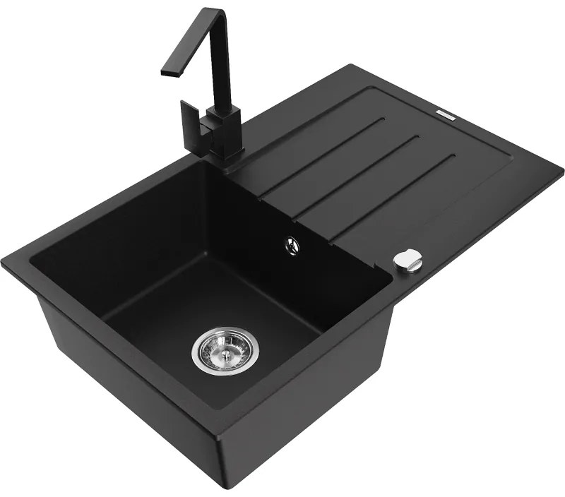Mexen Bruno, drez granitový 795x495x200 mm, 1-komorový, čierna s chrómovým sifónom a čierna drezová batéria Rita, 6513-77-670300-70