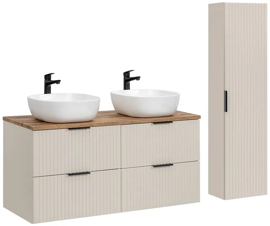 Kúpeľňová zostava Adele Cashmere s doskou, umývadlami a skrinkami 120 cm kašmírová/dub wotan