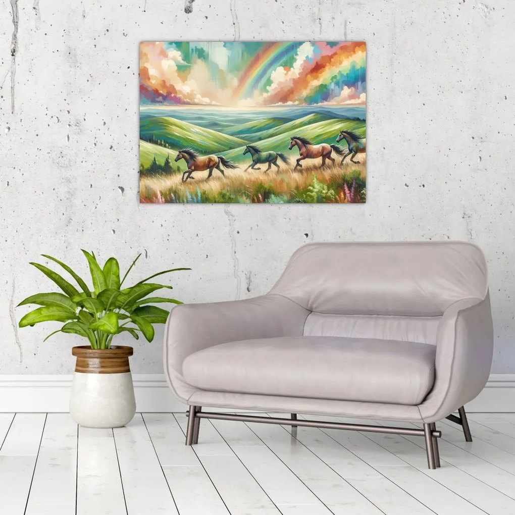 Sklenený obraz – Kone cválajúce krajinou (70x50 cm)