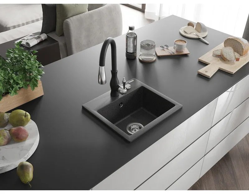 Mexen Milo, 1-komorový granitový drez 435x410x171 mm a drezová batéria Savita, čierna škvrtnitá, 6505-76-672601-70