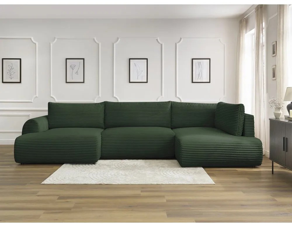 Tmavozelená menčestrová rozkladacia rohová pohovka (ľavý roh/do "U") Lucien – Bobochic Paris