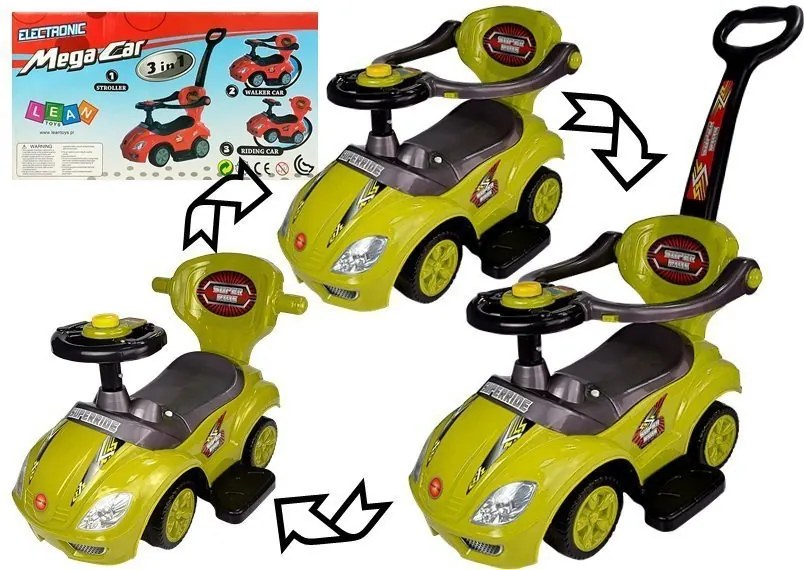 LEAN CARS Detské odrážadlo 3v1 Mega Car s vodiacou tyčou, žlté