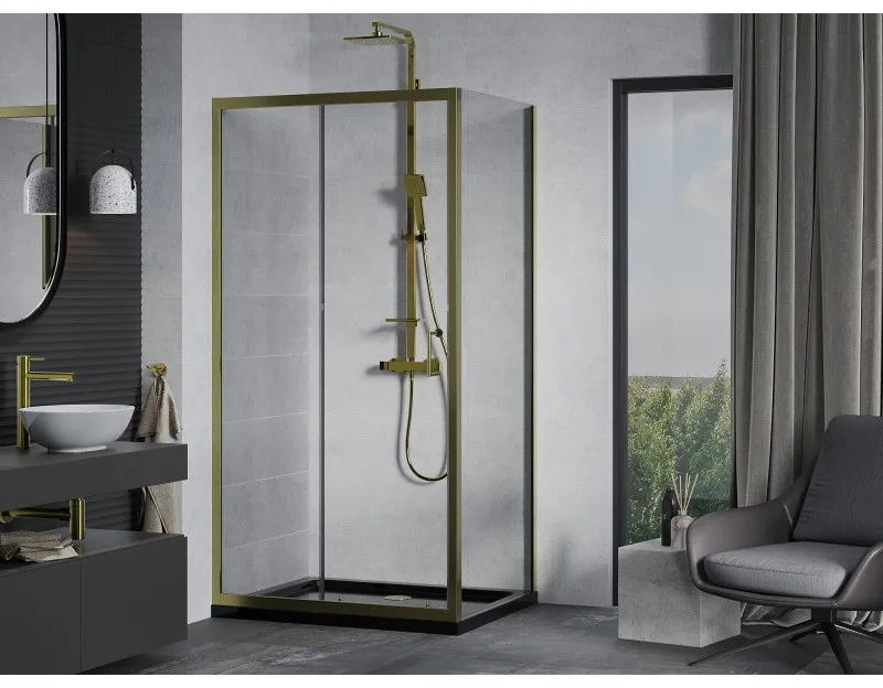 Mexen Apia, sprchový kút s posuvnými dverami 110 (dvere) x 80 (stena) cm, 6mm číre sklo, zlatý profil + čierna sprchová vanička SLIM, 840-110-080-50-00-4070G