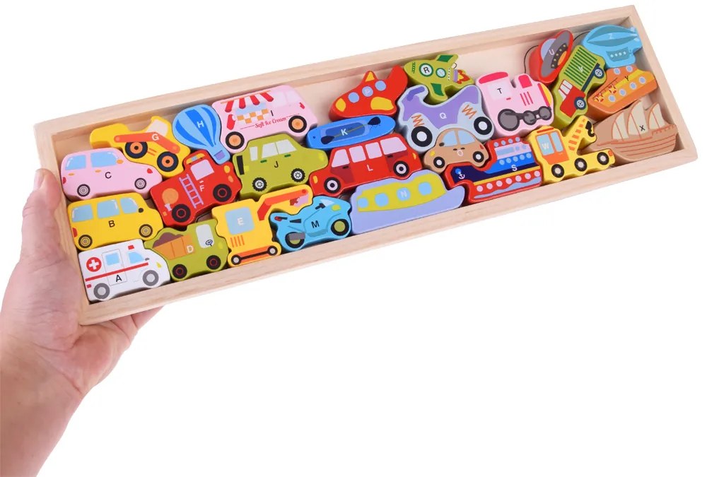 Drevené puzzle Vozidlá s písmenkami 27 dielikov Inlea4Fun