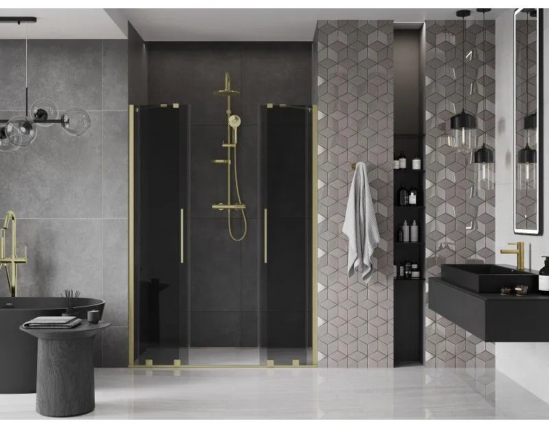 Mexen Velar Duo, posuvné sprchové dvere do otvoru 160 cm, 8mm šedé sklo, zlatá matná, 871-160-000-42-55
