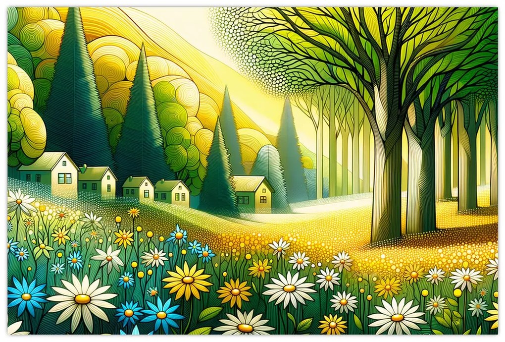 Obraz - Dedina v žlto-zelenej (90x60 cm)