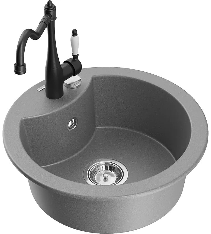 Mexen Diego, granitový drez 488x488x167 mm, 1-komorový a drezová batéria Carla, šedá, 6512-71-670700-70