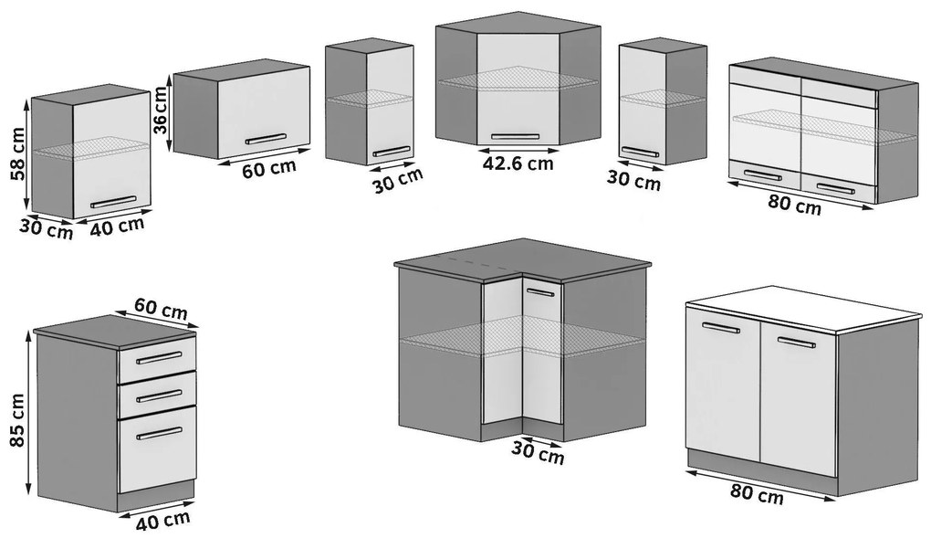 Kuchynská linka Belini 360 cm biely lesk s pracovnou doskou Lidia2 INF LIDIA2/6/WT/W/0/B1