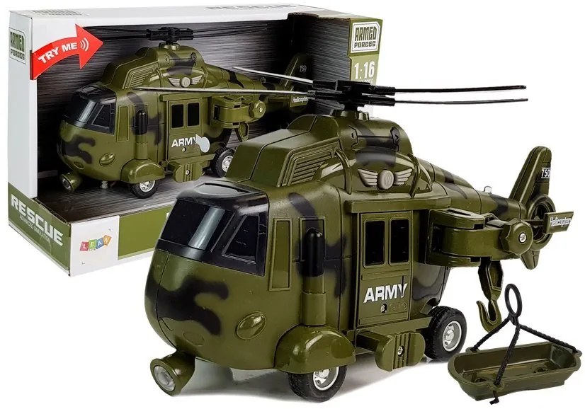 LEAN TOYS Helikoptéra 1:16 na batérie s hákom - vojenská, zelená