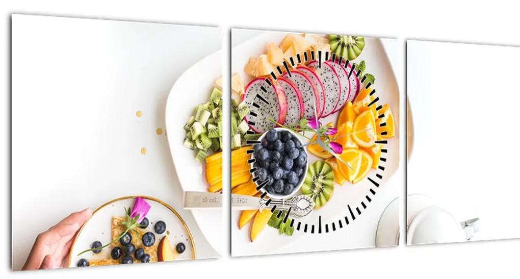 Obraz tanierov s ovocím na stole (s hodinami) (90x30 cm)