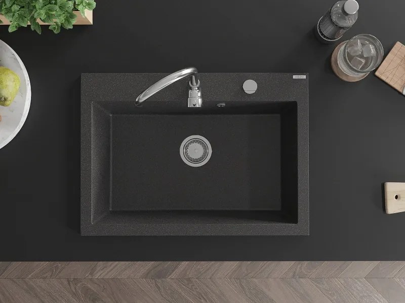 Mexen Elix granitový kuchynský drez 1-komorový 700 x 500 mm, čierny s bielymi škvrnami, chrómový sifón - 6526701005-76