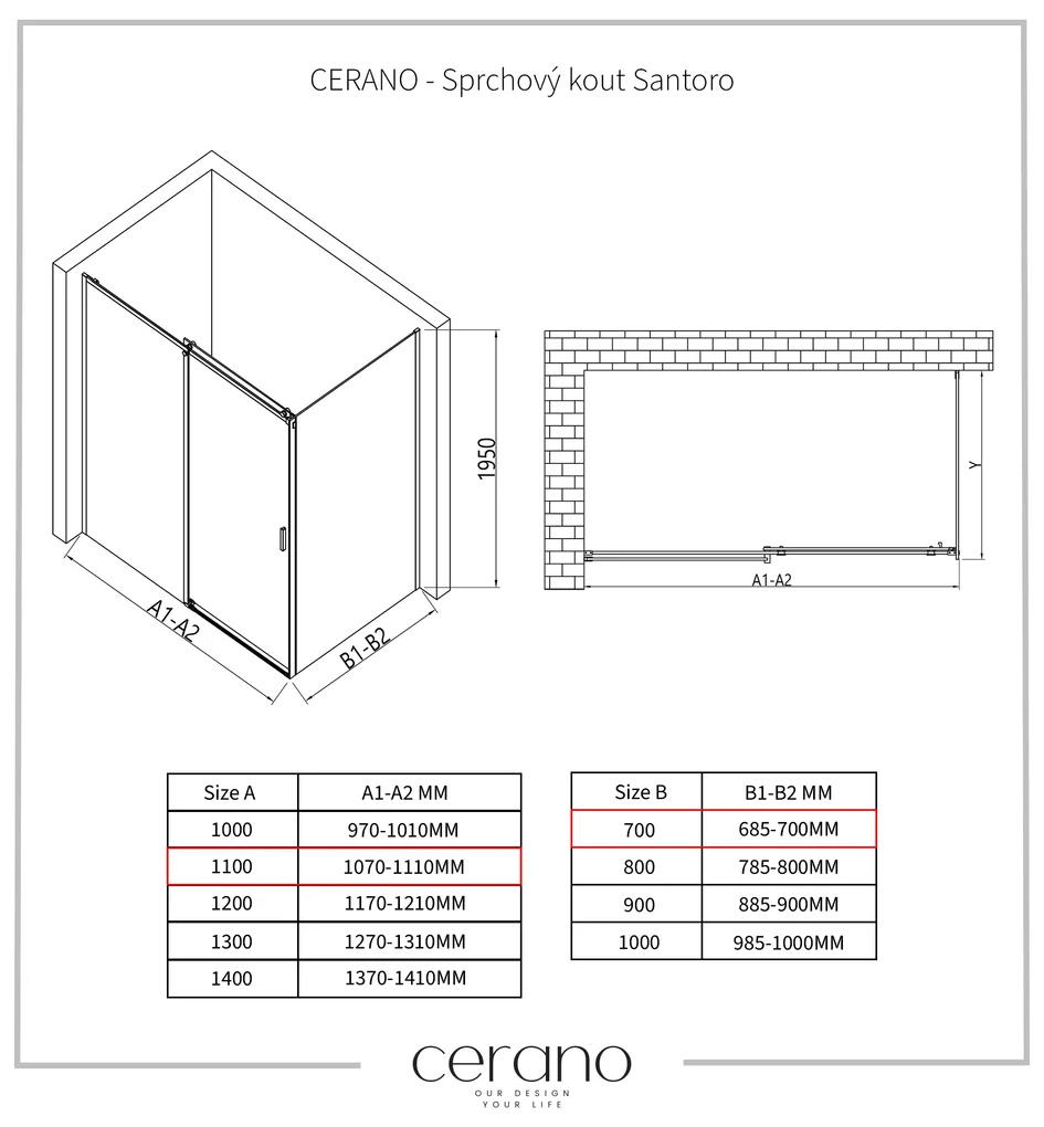 Cerano Santoro, sprchový kút s posuvnými dverami 110(dvere) x 70(stena) x 195 cm, 6mm číre sklo, čierny profil, CER-CER-431482