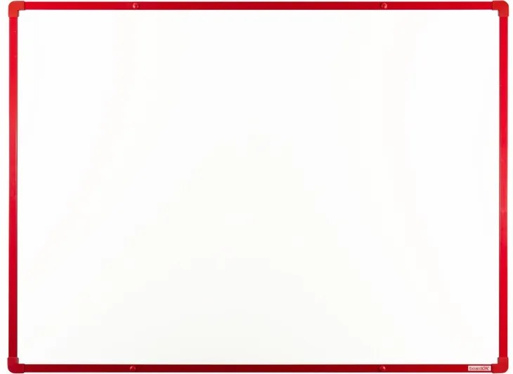 Biela magnetická popisovacia tabuľa s keramickým povrchom boardOK, 1200 x 900 mm, červený rám
