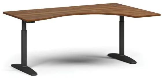 Výškovo nastaviteľný stôl OBOL, elektrický, 675-1325 mm, ergonomický pravý, doska 1800x1200 mm, čierna zaoblená podnož, orech