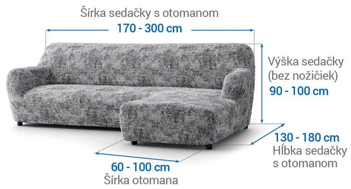 Bielastické poťahy MARMO šedé sedačka s otomanom vpravo (š. 170 - 300 cm)