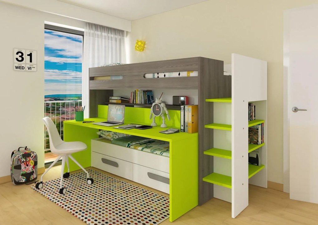 Poschodová posteľ s písacím stolom BO10 - zelená