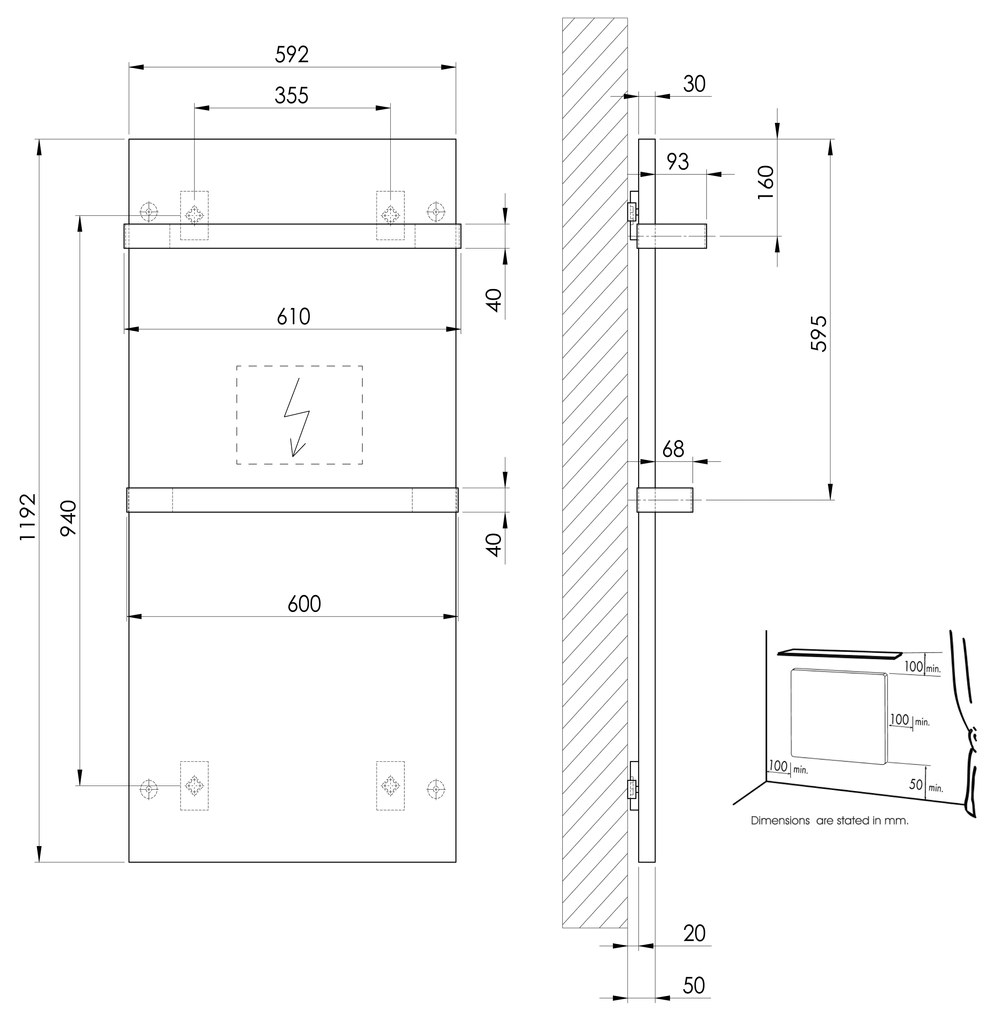 Sapho, ENIS kúpeľňový sálavý vykurovací panel 600W, 590x1200 mm, držiaky uterákov, IP44, čierna matná, RH600B-2