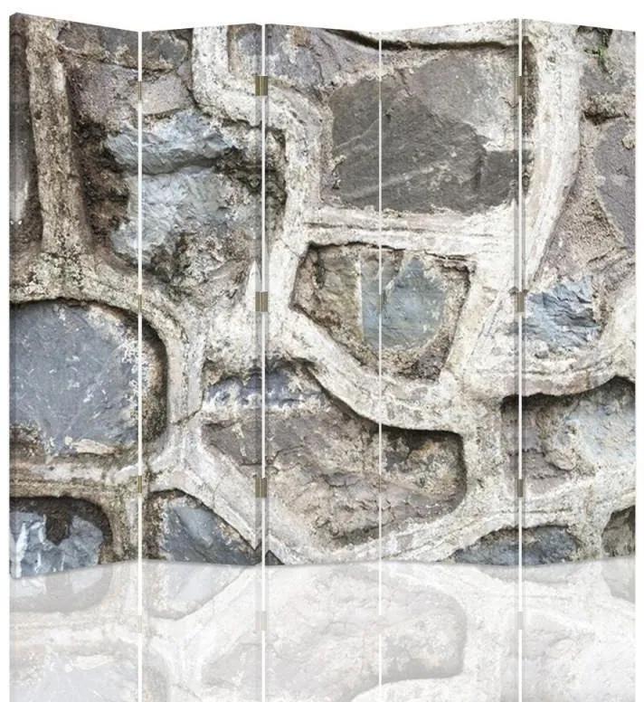 Ozdobný paraván, Šedá kamenná zeď - 180x170 cm, päťdielny, obojstranný paraván 360°