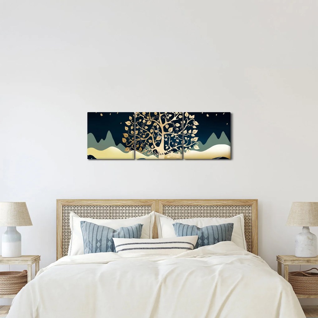 Obraz zlatého stromu (s hodinami) (90x30 cm)