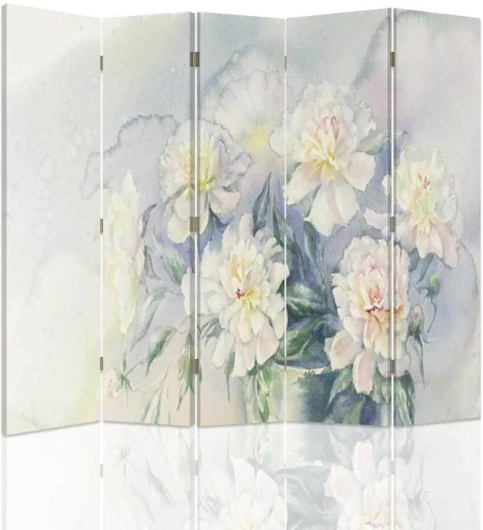 CARO Paraván - White Flowers 3 | päťdielny | jednostranný 180x150 cm