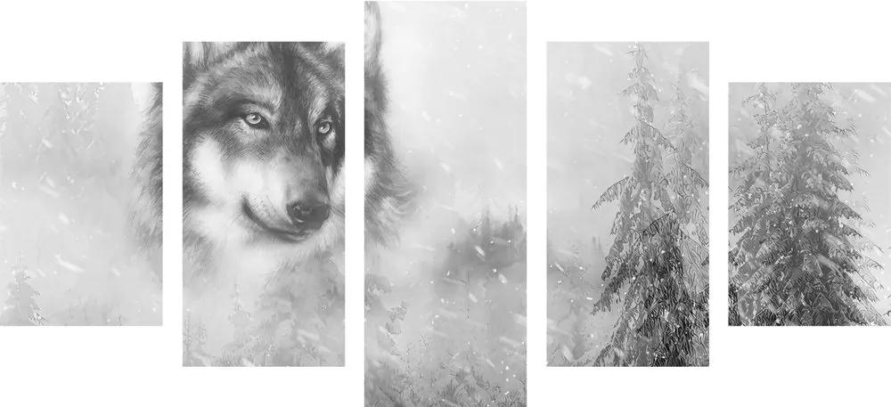 5-dielny obraz vlk v zasneženej krajine v čiernobielom prevedení - 100x50