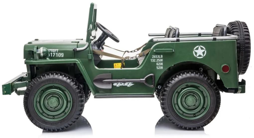 RAMIZ Elektrické autíčko - Retro vojenské vozidlo 4x4  - zelené  - 158cm x 80cm x 82cm - MOTOR - 4x45W BATÉRIA - 12V / 14Ah - 20