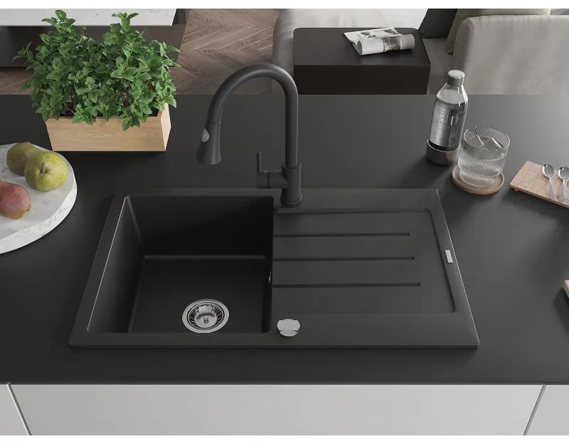 Mexen Bruno, 1-komorový granitový drez 795x495x200 mm a drezová batéria Elia, čierna, 6513-77-670101-70