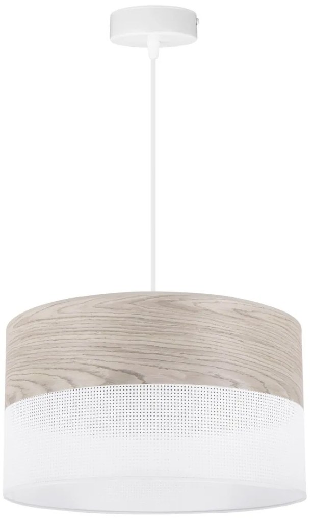 Závesné svietidlo Wood, 1x svetlobéžová dubová dýha/biele PVC tienidlo, (fi 35cm)