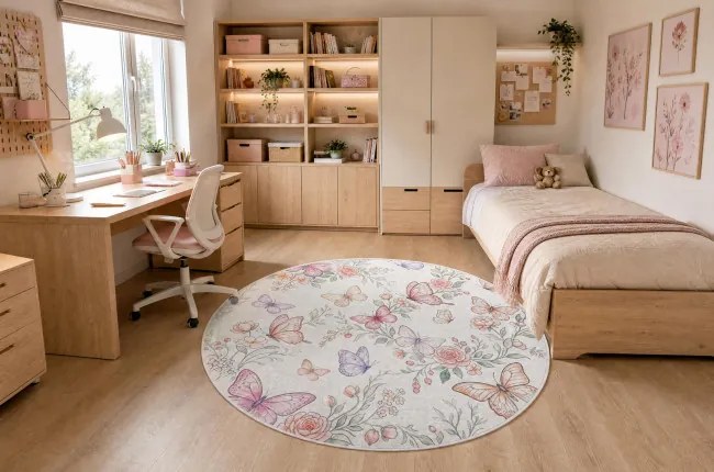 Detský koberec protišmykový BAMBINO 61450 krémový / ružový kruh