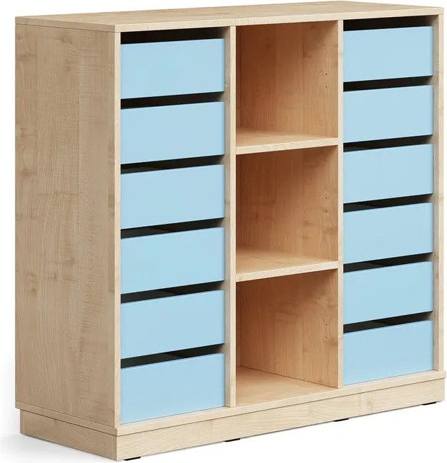 Úložná skrinka CASPER, 12 zásuviek, 3 priehradky, so soklom, breza/sky blue