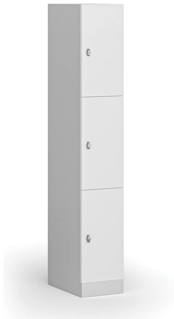 Šatníková skrinka s úložnými boxmi, 3 boxy, 1850 x 300 x 500 mm, otočný zámok, laminované dvere, biela