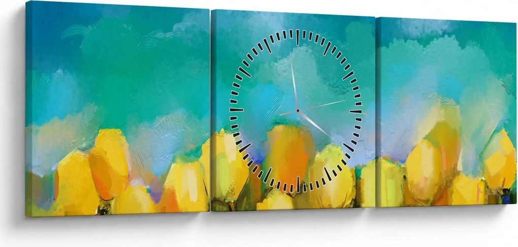 Obraz žltých tulipánov (s hodinami) (90x30 cm)