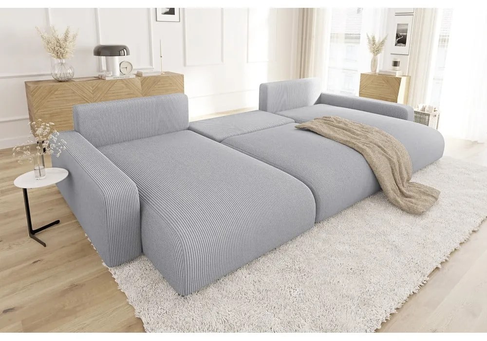 Svetlosivá menčestrová rozkladacia/s úložným priestorom rohová pohovka Sara – Ropez