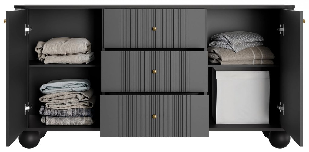 Komoda so zásuvkami Vesper 160 cm - čierna / zlaté úchytky / guľaté nohy