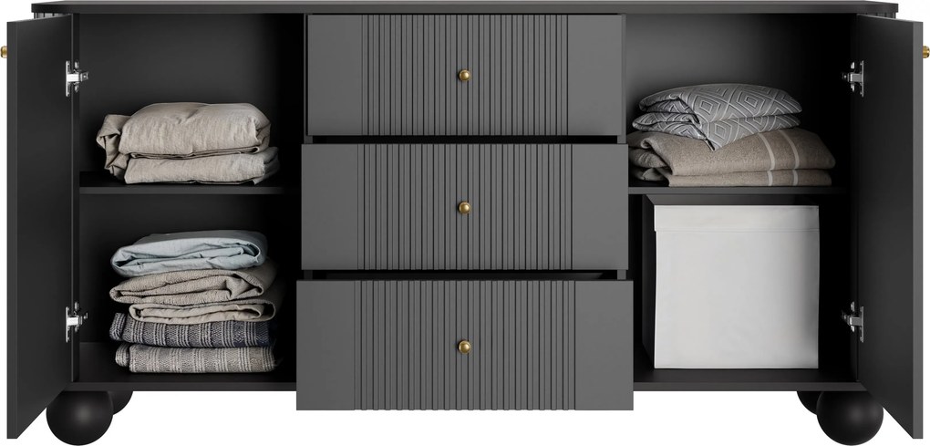 Komoda Vesper 160 cm so zásuvkami na guľatých nohách - čierna / zlaté úchytky / guľaté nohy