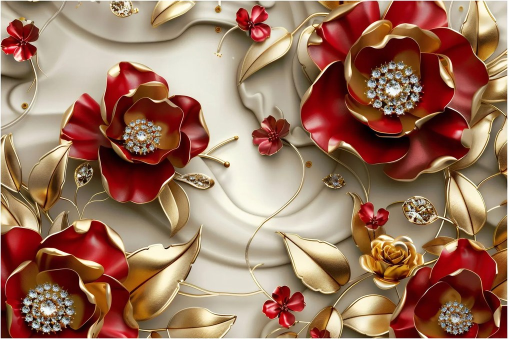 Obraz - 3D Červeno-zlaté kvety (90x60 cm)