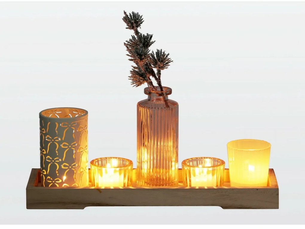 Súprava svietnikov na drevenom podnose Winter Time, 6 ks, 10,5 x 32,5 cm