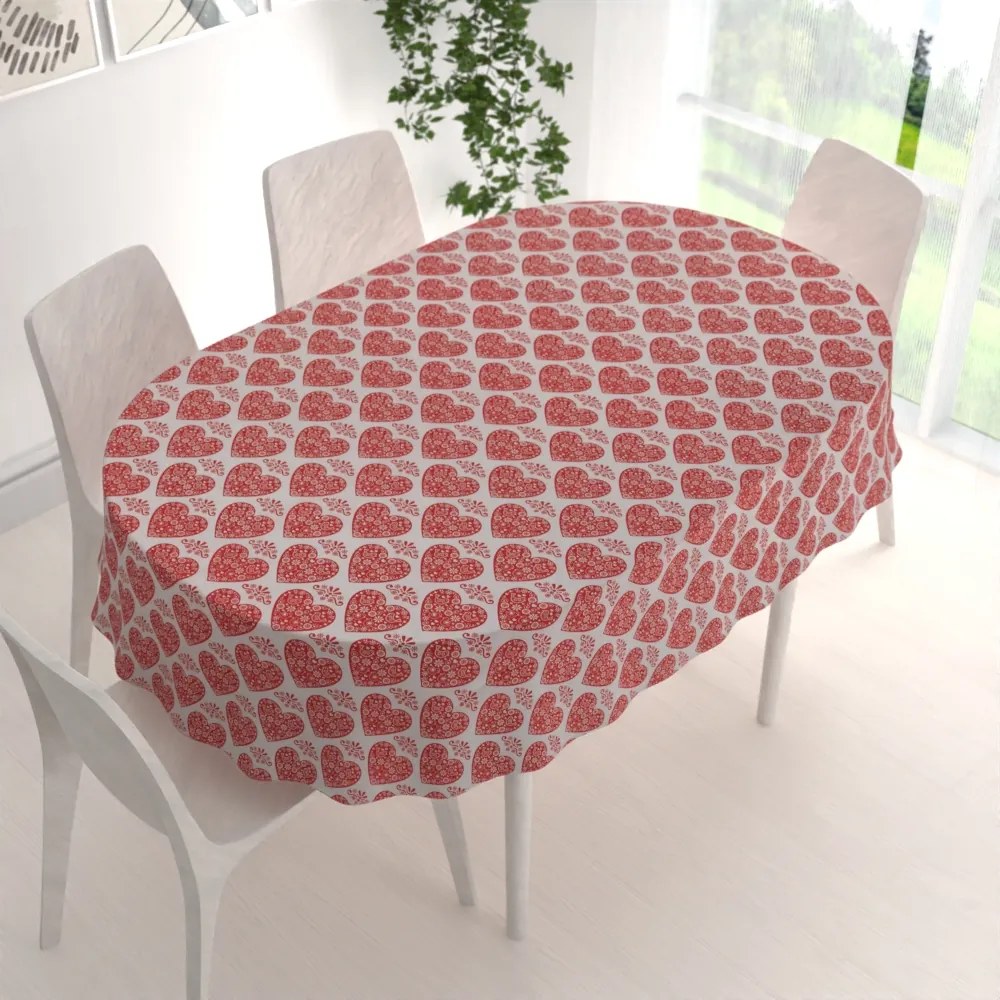 Biante Dekoračný oválny obrus PML-094 Červené srdcia na bielom 140x220 cm