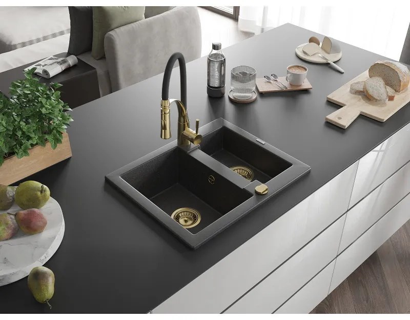 Mexen Carlos, 1,5-komorový granitový drez 582x475x177 mm a drezová batéria Aster, čierna škvrnitá, 6518-76-73450-57-G