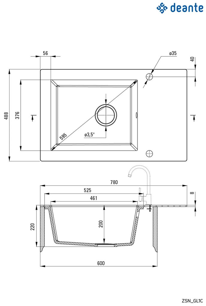 Deante Andante, 1-komorový sklo-granitový drez 780x488x220 mm, šedá-grafitová, DEA-ZSN_GL1C